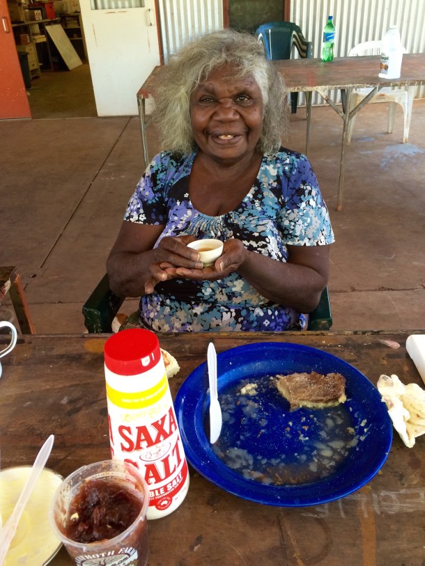 Aboriginal Elder, Agnes Armstrong enjoys a Chinese Tea Ceremony at Waringarri Arts Kununurra